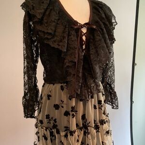 Black Y2K Lace Blouse, Ruffled Sleeves/Collar, Brown Satin Corset Style Lace Up